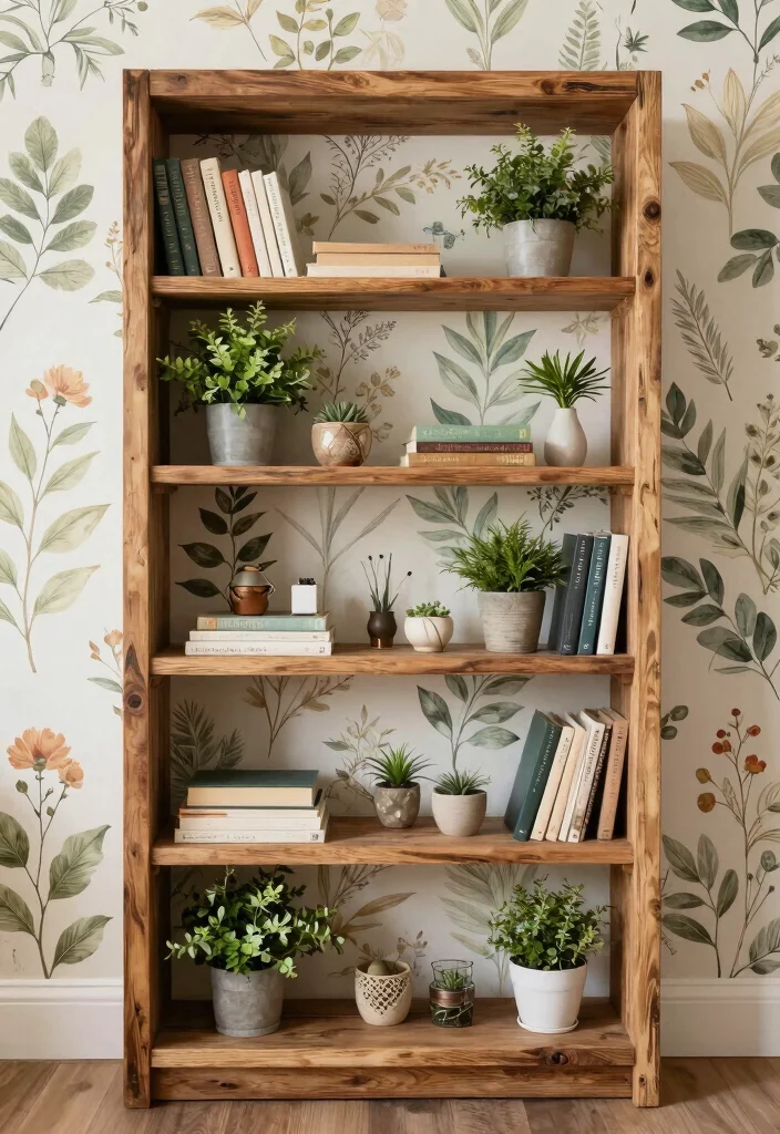 14 Bookshelf With Wallpaper Backing Ideas That Wow 41 14 Bookshelf With Wallpaper Backing Ideas That Wow - 11. Reclaimed Wood Shelves with Nature Prints 1