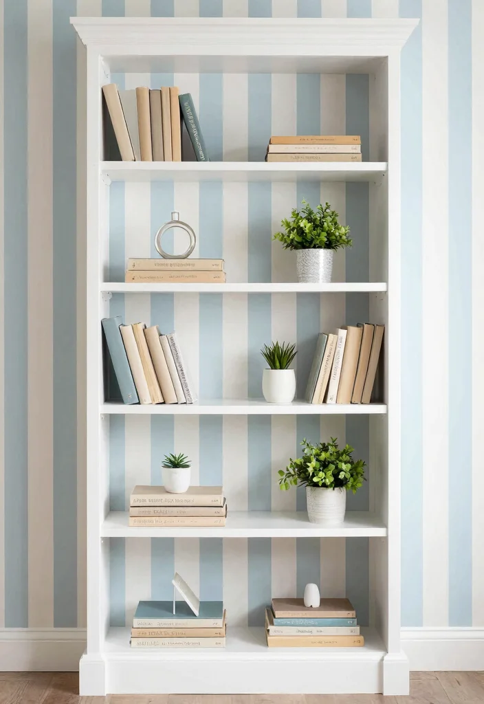 14 Bookshelf With Wallpaper Backing Ideas That Wow 52 14 Bookshelf With Wallpaper Backing Ideas That Wow - 12. Soft Stripes for a Classic Look 1