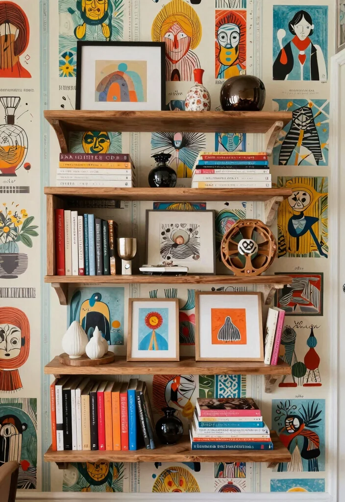 14 Bookshelf With Wallpaper Backing Ideas That Wow 53 14 Bookshelf With Wallpaper Backing Ideas That Wow - 13. Personalized Wallpaper with Your Own Art 1