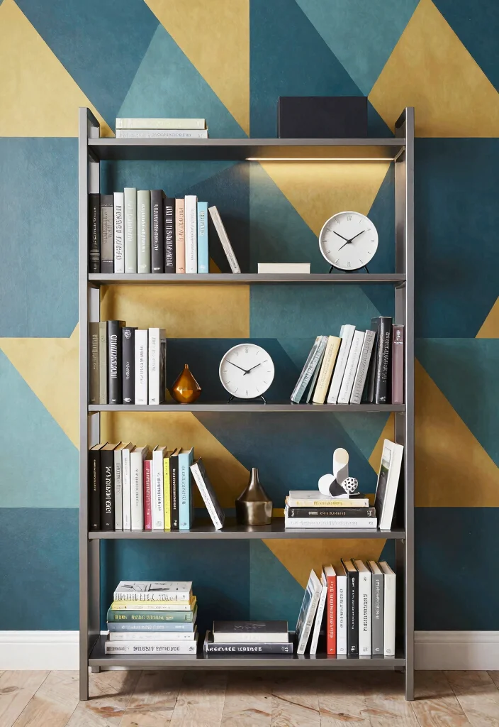 14 Bookshelf With Wallpaper Backing Ideas That Wow 2 14 Bookshelf With Wallpaper Backing Ideas That Wow - 2. Bold Geometric Patterns 1