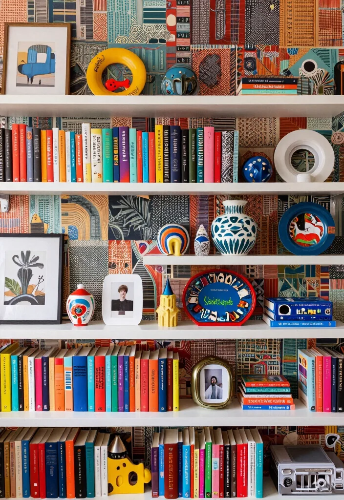 14 Bookshelf With Wallpaper Backing Ideas That Wow 16 14 Bookshelf With Wallpaper Backing Ideas That Wow - 6. Eclectic Collage with Mixed Wallpapers 1