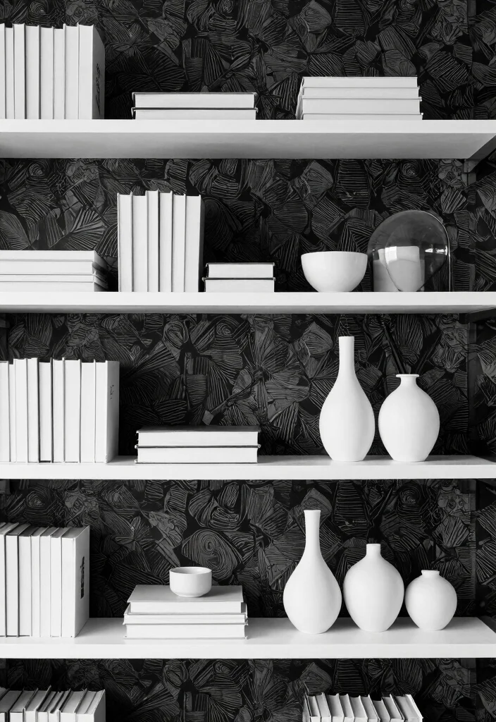 14 Bookshelf With Wallpaper Backing Ideas That Wow 17 14 Bookshelf With Wallpaper Backing Ideas That Wow - 7. Monochrome Magic 1