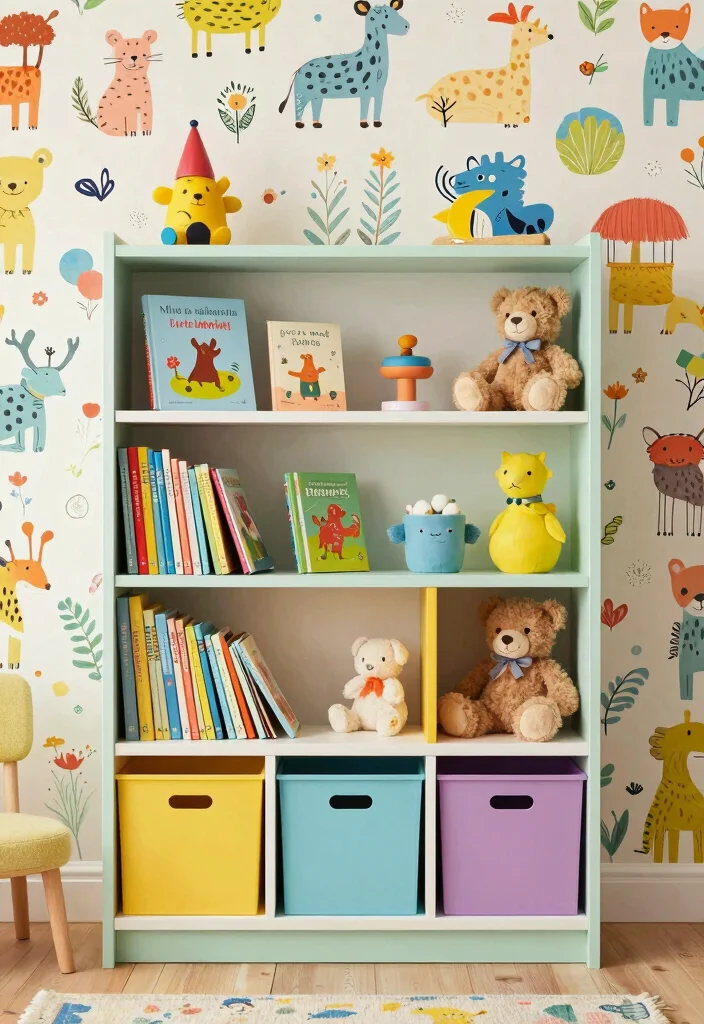 14 Bookshelf With Wallpaper Backing Ideas That Wow 28 14 Bookshelf With Wallpaper Backing Ideas That Wow - 8. Whimsical Prints for Kids’ Spaces 1
