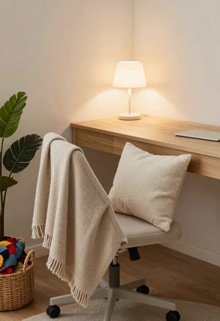 14 Desk Setup Cozy Ideas for a Warm Workspace - 1. Soft Textiles for Comfort 1