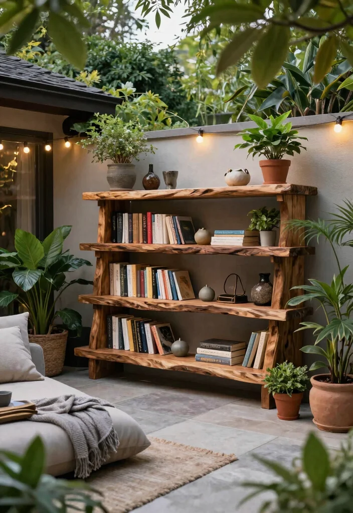14 Live Edge Bookshelf Ideas With Natural Charm - 13. Outdoor Living Space 1