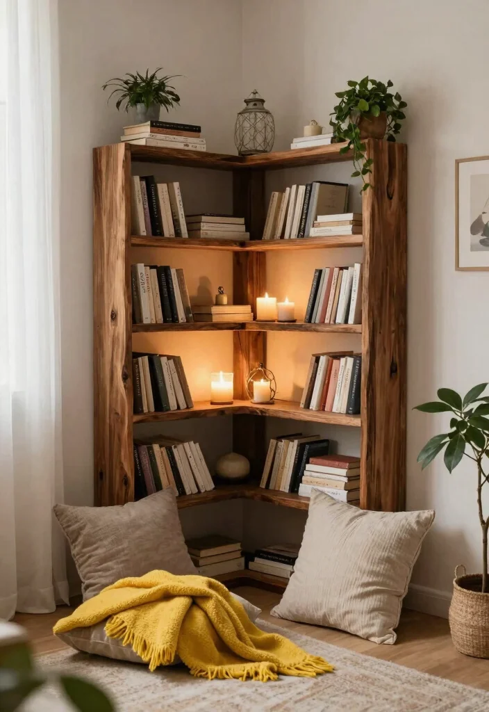 14 Live Edge Bookshelf Ideas With Natural Charm - 5. Corner Nook Delight 1