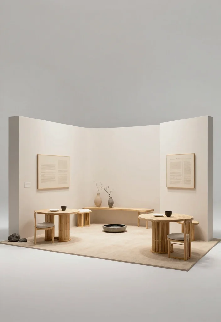 14 One Side Open Exhibition Stand Ideas That Attract Crowds 3 14 One Side Open Exhibition Stand Ideas That Attract Crowds - 3. Minimalist Zen Retreat 1