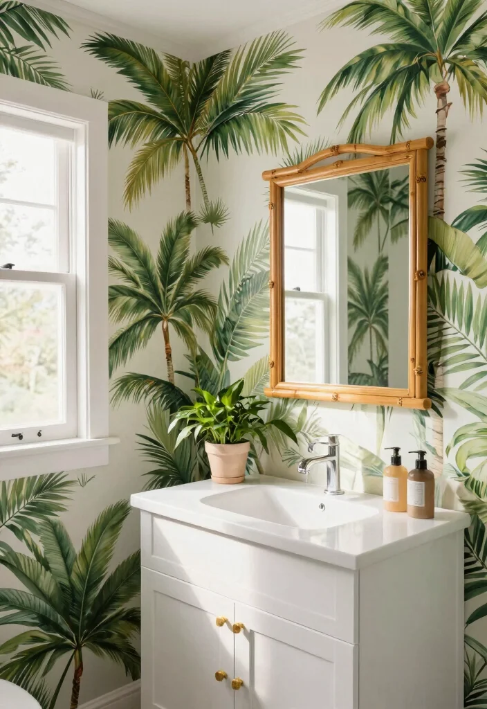 15 Bathroom Wallpaper Ideas Accent Wall That Pops 17 15 Bathroom Wallpaper Ideas Accent Wall That Pops - 7. Tropical Vibes with Palm Prints 1