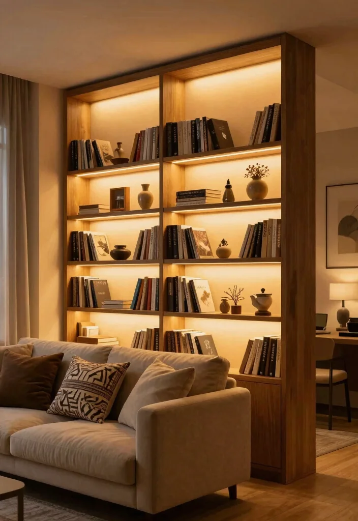 15 Bookshelf Room Divider Ideas That Define Your Space - 14. Bookshelf with Integrated Lighting 1