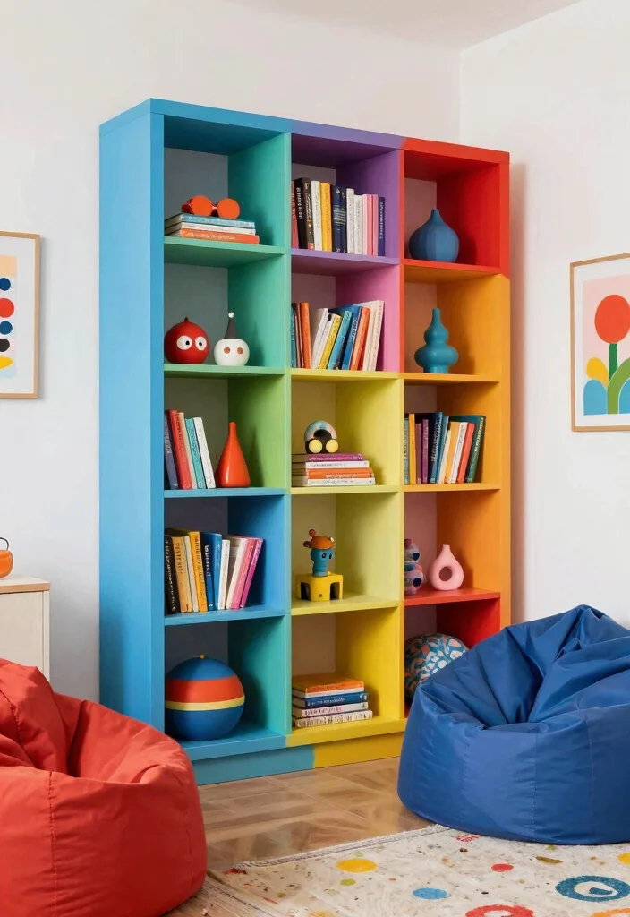 15 Bookshelf Room Divider Ideas That Define Your Space - 6. Multicolored Bookshelf Divider 1