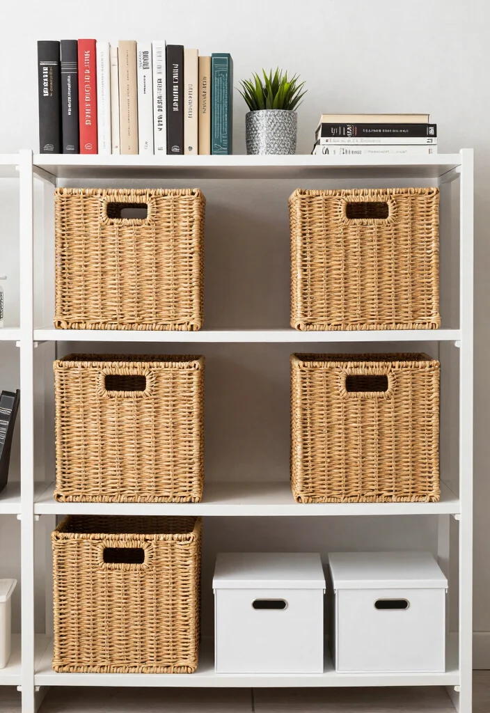 15 Bookshelf Styling Office Ideas That Look Professional - 6. Utilize Baskets and Boxes 1