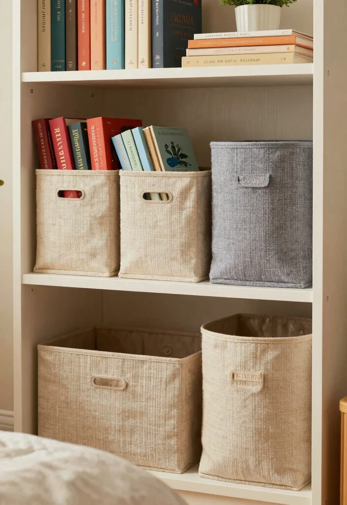 15 Bookshelf in Bedroom Ideas That Feel Cozy & Smart - 11. Stylish Bin Storage for Books 1