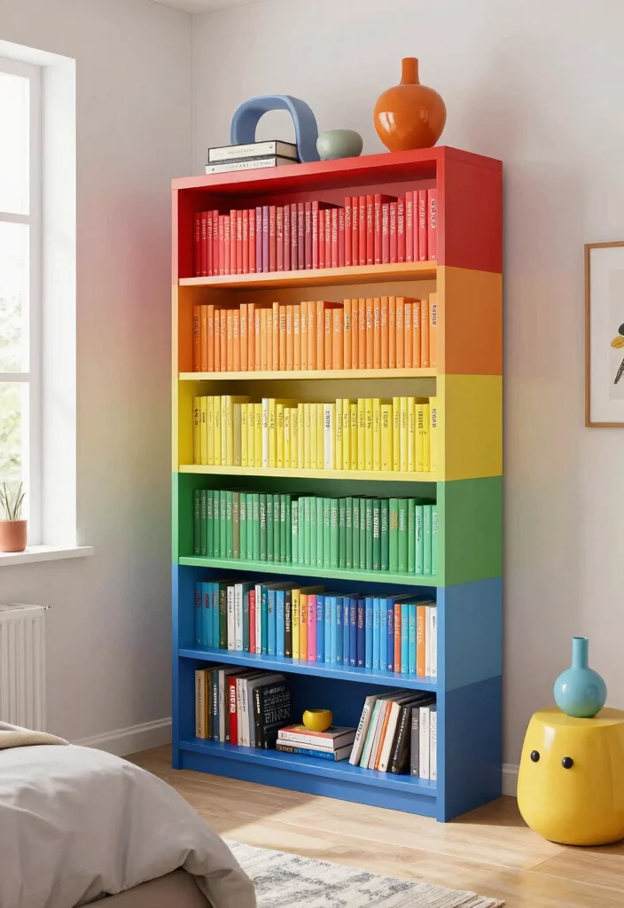 15 Bookshelf in Bedroom Ideas That Feel Cozy & Smart - 13. Color-Coded Book Shelves 1