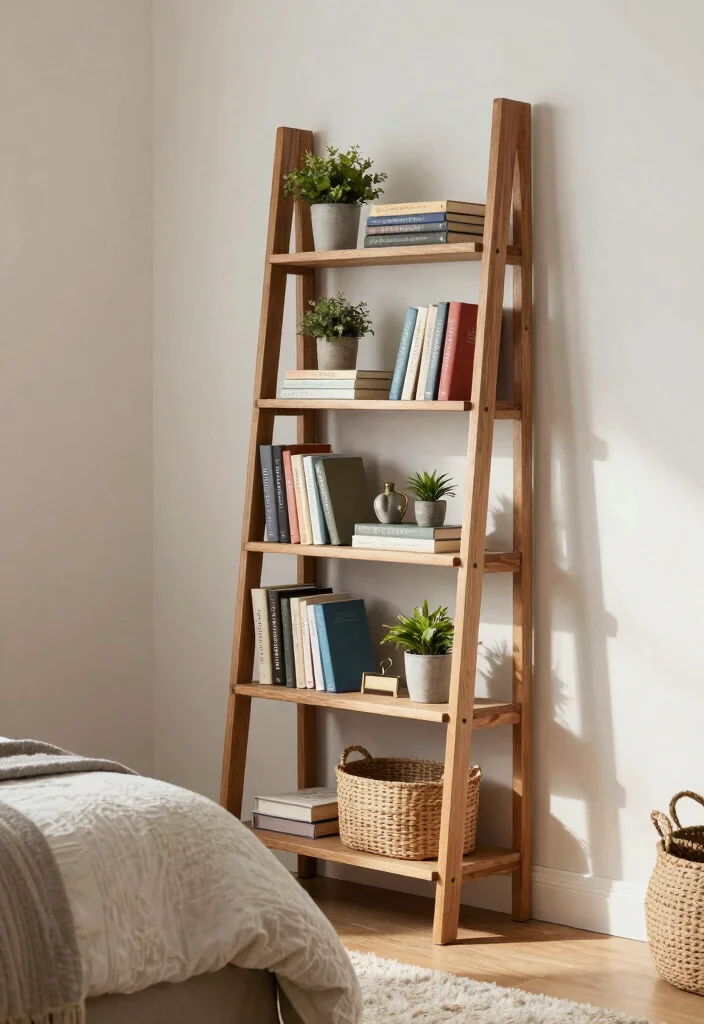 15 Bookshelf in Bedroom Ideas That Feel Cozy & Smart - 2. Minimalist Ladder Bookshelf 1
