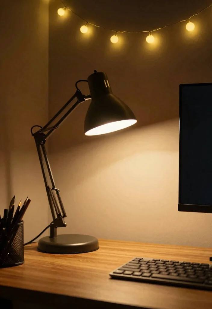 15 College Desk Setup Ideas That Feel Organized & Cute - 11. Layered Lighting 1