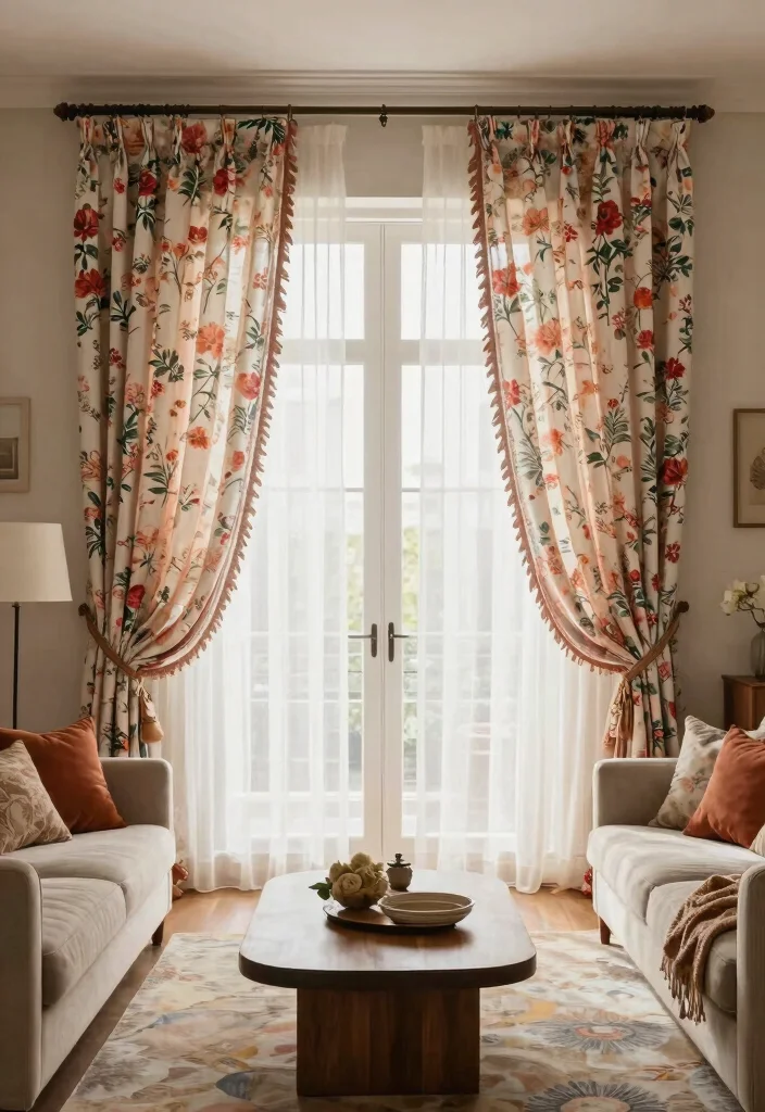 15 Floral Curtains Living Room Ideas That Feel Fresh & Romantic - 11. Layered Floral Curtains for Depth 1