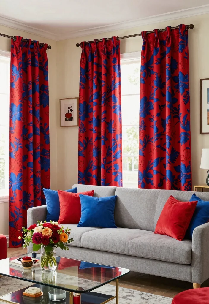 15 Floral Curtains Living Room Ideas That Feel Fresh & Romantic - 4. Bold Color Combinations for a Vibrant Space 1