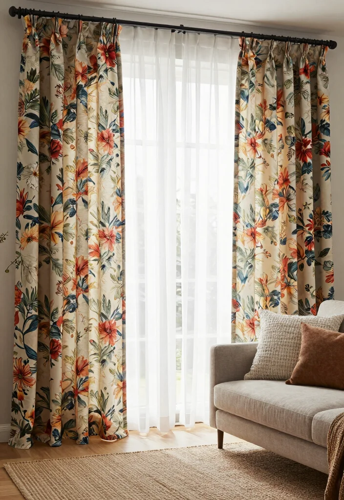 15 Floral Curtains Living Room Ideas That Feel Fresh & Romantic - 5. Layering Textures with Floral Curtains 1