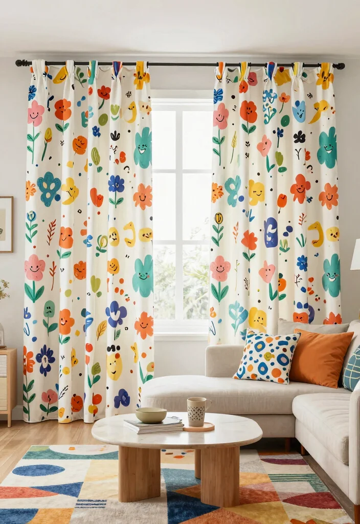 15 Floral Curtains Living Room Ideas That Feel Fresh & Romantic - 6. Floral Curtains with Fun Patterns 1