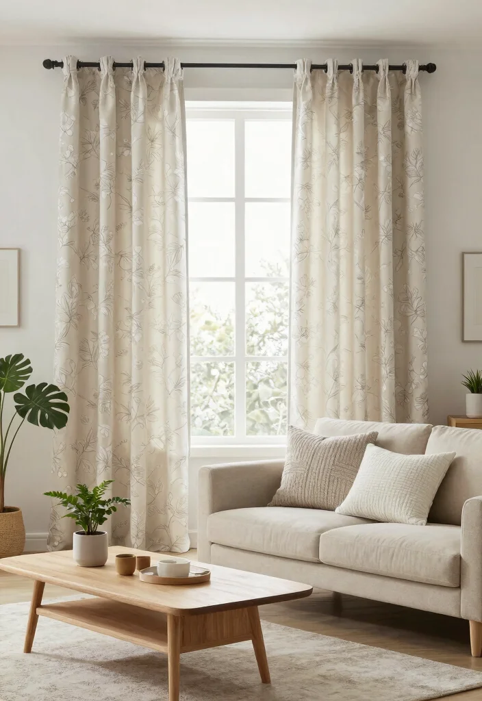 15 Floral Curtains Living Room Ideas That Feel Fresh & Romantic - 7. Neutral Floral Patterns for a Balanced Look 1