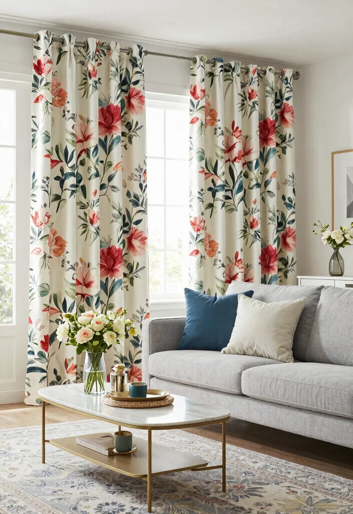 15 Floral Curtains Living Room Ideas That Feel Fresh & Romantic - 8. Mixing Floral and Solid Patterns 1