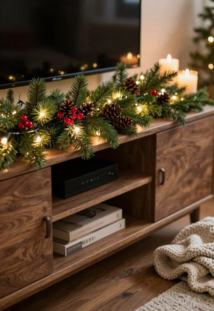 15 Garland on TV Stand Ideas for Festive Decor 1 15 Garland on TV Stand Ideas for Festive Decor - 1. Classic Greenery with Lights 1
