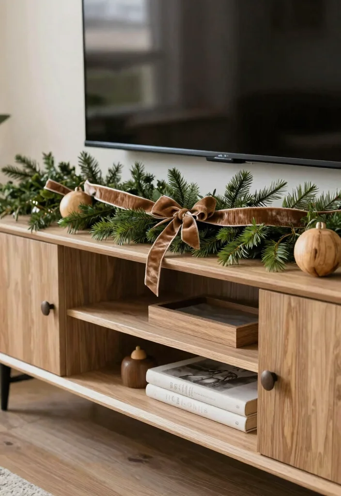 15 Garland on TV Stand Ideas for Festive Decor 40 15 Garland on TV Stand Ideas for Festive Decor - 10. Layered Textures 1