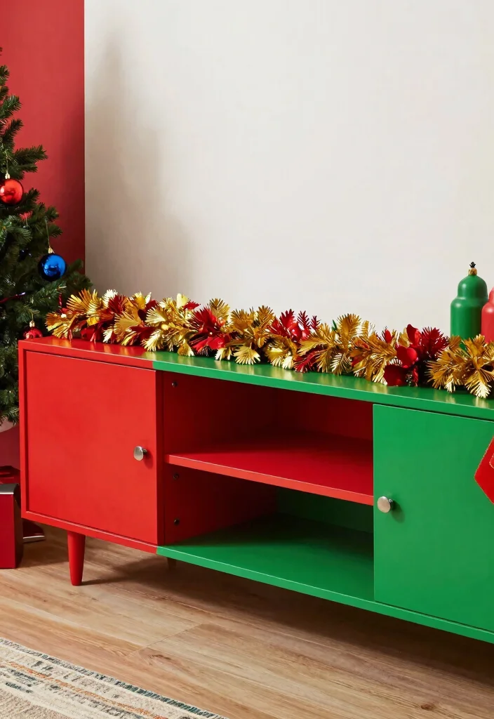15 Garland on TV Stand Ideas for Festive Decor 65 15 Garland on TV Stand Ideas for Festive Decor - 15. Color Blocking Fun 1