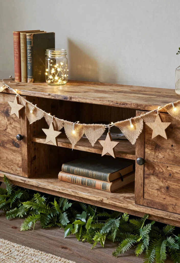 15 Garland on TV Stand Ideas for Festive Decor 2 15 Garland on TV Stand Ideas for Festive Decor - 2. Farmhouse Charm with Burlap 1