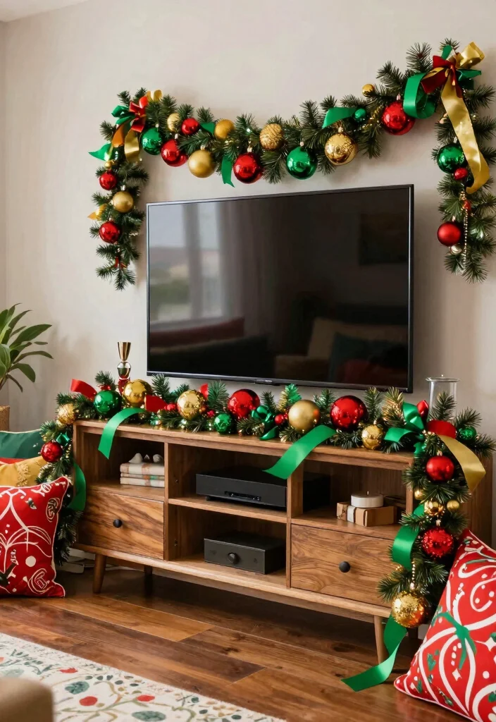15 Garland on TV Stand Ideas for Festive Decor 3 15 Garland on TV Stand Ideas for Festive Decor - 3. Bold and Bright 1