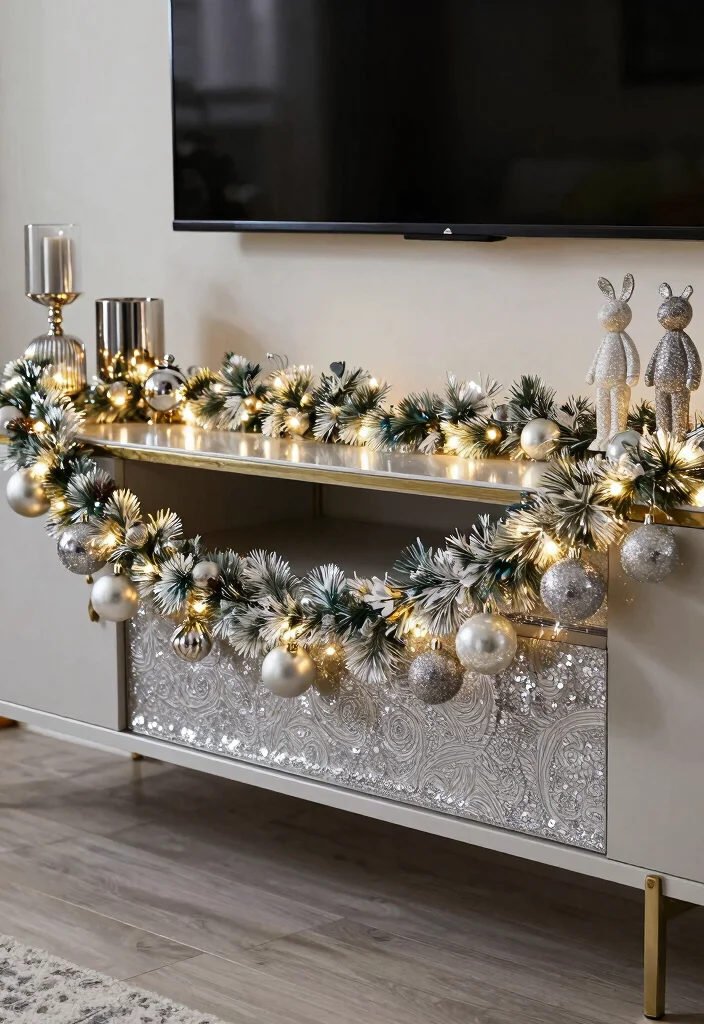 15 Garland on TV Stand Ideas for Festive Decor 15 15 Garland on TV Stand Ideas for Festive Decor - 5. Glitter & Glam 1