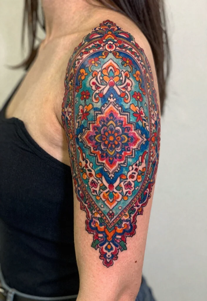 15 Persian Carpet Tattoo Ideas With Intricate Style 41 15 Persian Carpet Tattoo Ideas With Intricate Style - 11. Shoulder Pieces with Personality 1