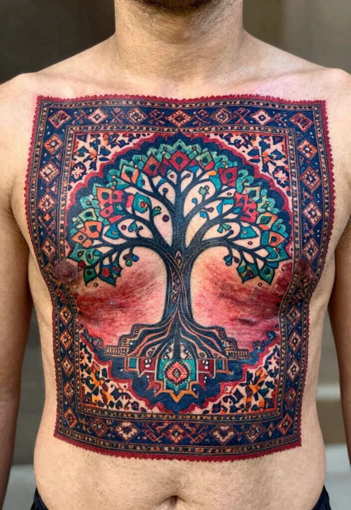 15 Persian Carpet Tattoo Ideas With Intricate Style 42 15 Persian Carpet Tattoo Ideas With Intricate Style - 12. Chest Tattoos Showcasing Heritage 1