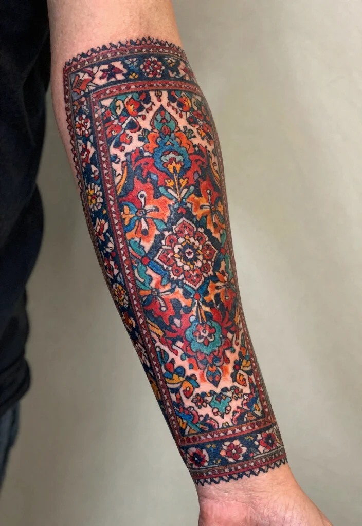 15 Persian Carpet Tattoo Ideas With Intricate Style 26 15 Persian Carpet Tattoo Ideas With Intricate Style - 6. Sleeve Tattoos Inspired by Carpets 1