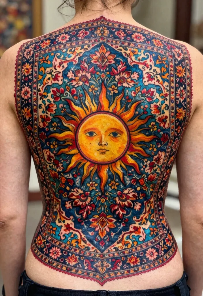 15 Persian Carpet Tattoo Ideas With Intricate Style 27 15 Persian Carpet Tattoo Ideas With Intricate Style - 7. Back Pieces That Tell a Story 1