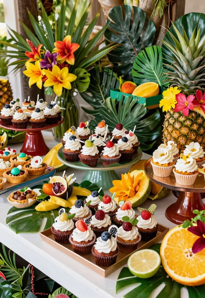 15 Stand de Postres Feria Ideas That Look Sweet & Stylish - 13. Tropical Luau Dessert Table 1