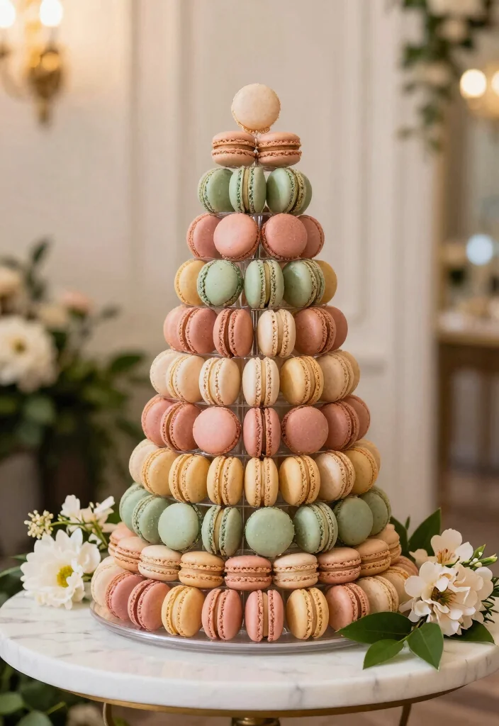 15 Stand de Postres Feria Ideas That Look Sweet & Stylish - 2. Elegant Macaron Tower 1