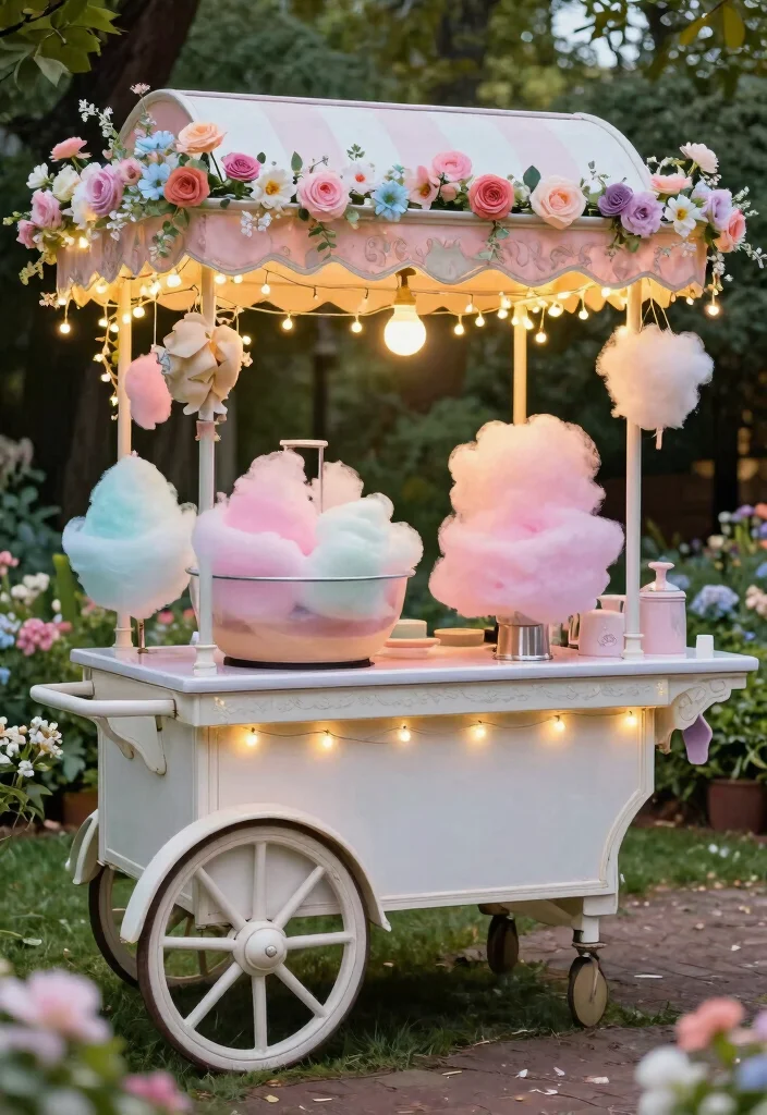 15 Stand de Postres Feria Ideas That Look Sweet & Stylish - 5. Enchanting Fairy Floss Cart 1