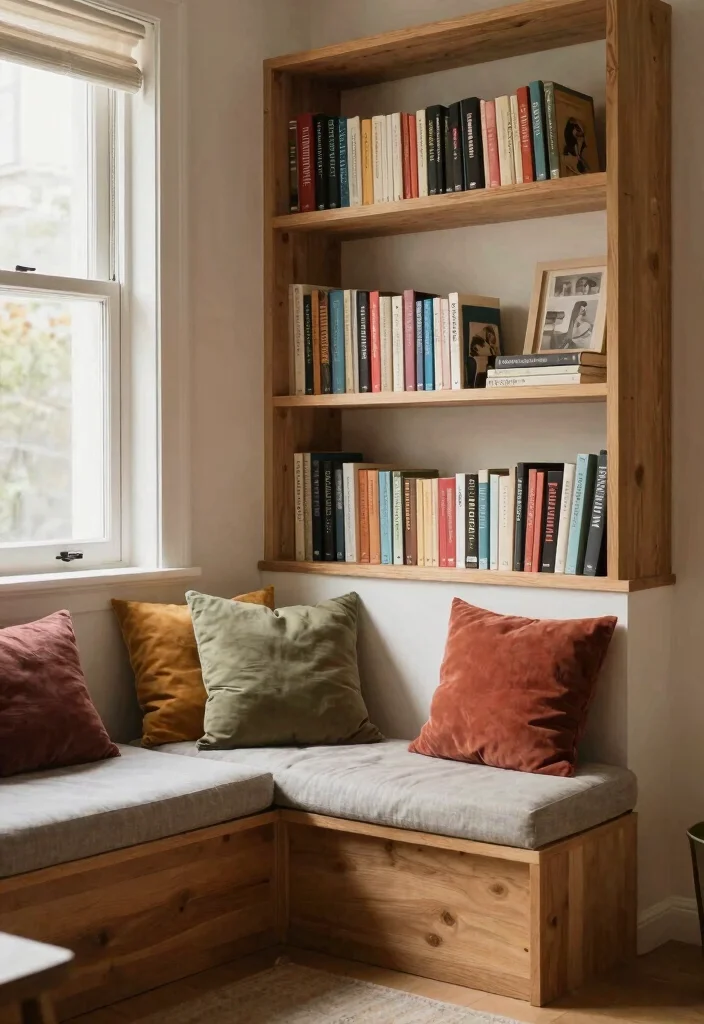 16 Apartment Bookshelf Ideas That Maximize Small Spaces - 12. Bookshelves with Bench Seating: Cozy and Functional 1