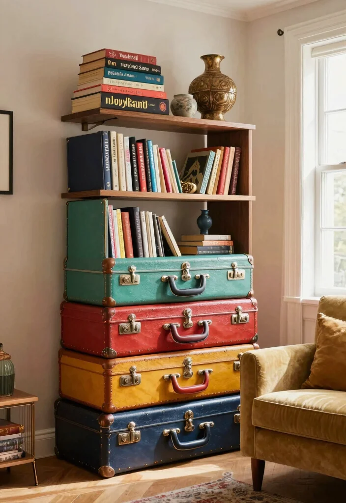 16 Apartment Bookshelf Ideas That Maximize Small Spaces - 5. Vintage Suitcase Bookshelves: Unique Charm 1