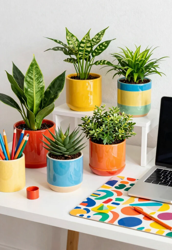 16 Desk Setup Green Ideas With Fresh Plant Vibes 25 16 Desk Setup Green Ideas With Fresh Plant Vibes - 5. Boost Mood with Colorful Planters 1