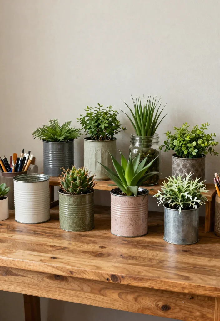 16 Desk Setup Green Ideas With Fresh Plant Vibes 29 16 Desk Setup Green Ideas With Fresh Plant Vibes - 9. Use Recycled Items for Planters 1