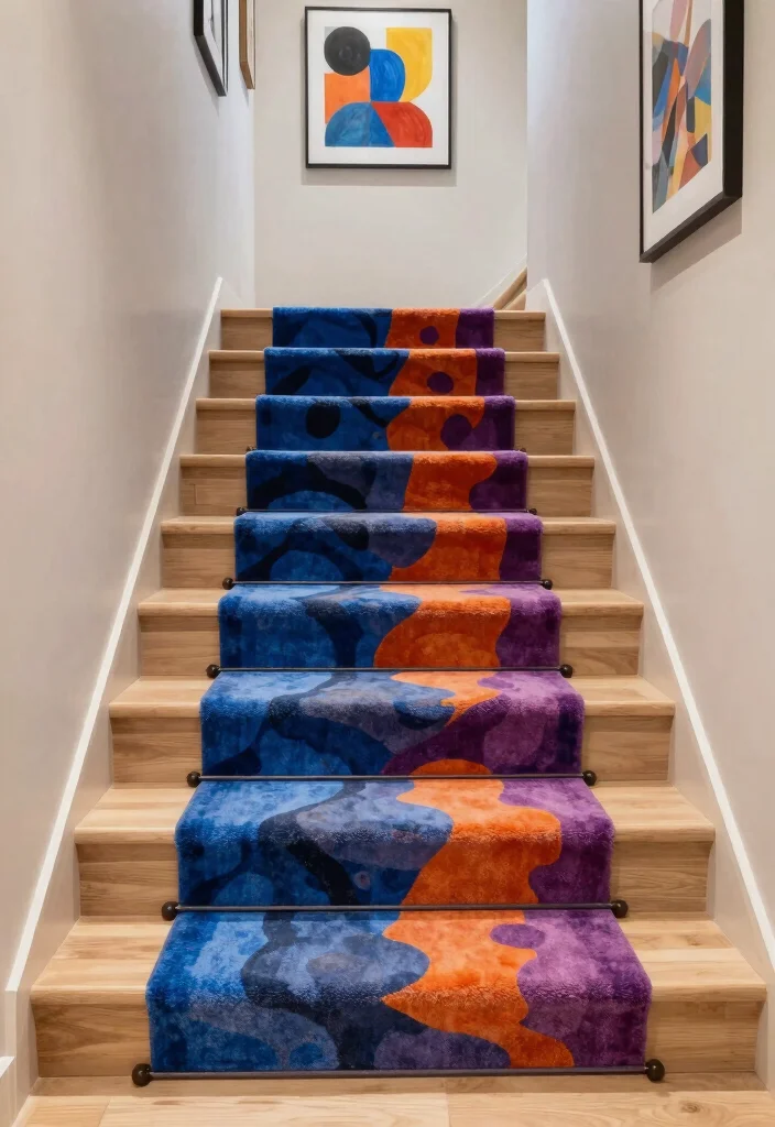 16 Modern Carpet Stairs Ideas That Look Sleek - 11. Artistic Abstract Designs 1