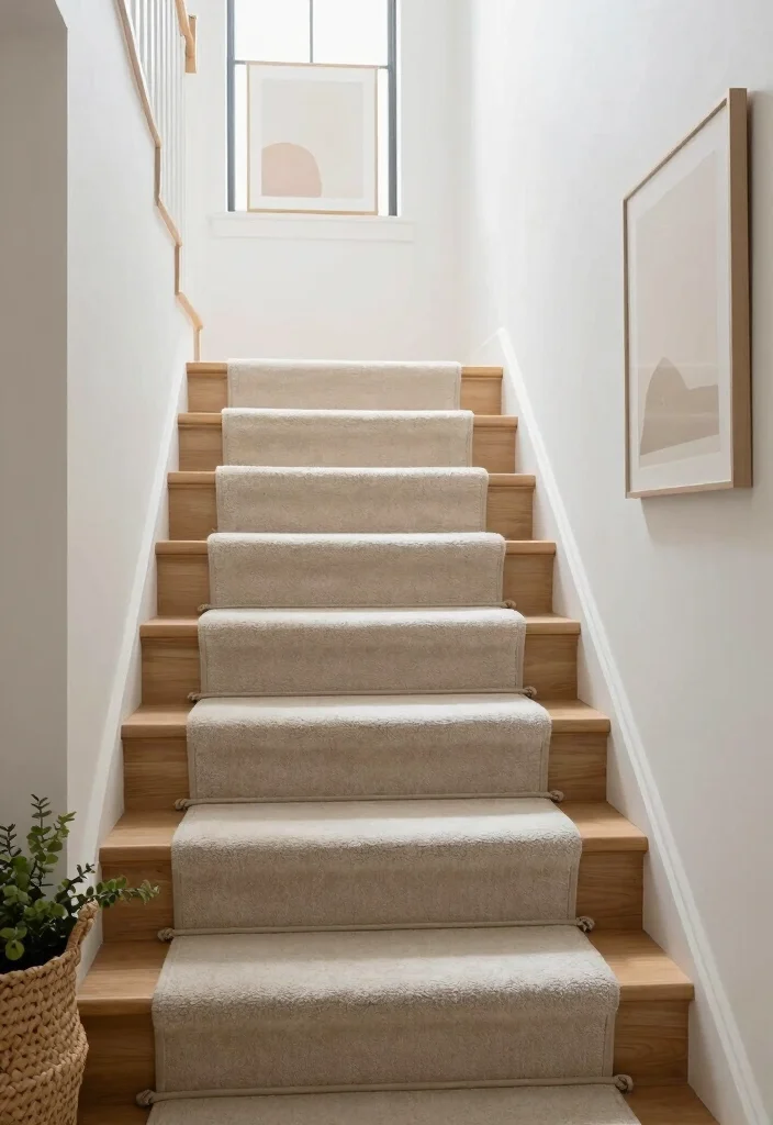 16 Modern Carpet Stairs Ideas That Look Sleek - 3. Soft Neutrals for an Airy Feel 1