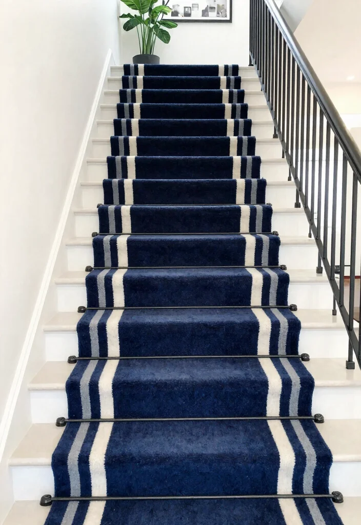 16 Modern Carpet Stairs Ideas That Look Sleek - 4. Striped Stair Runners 1
