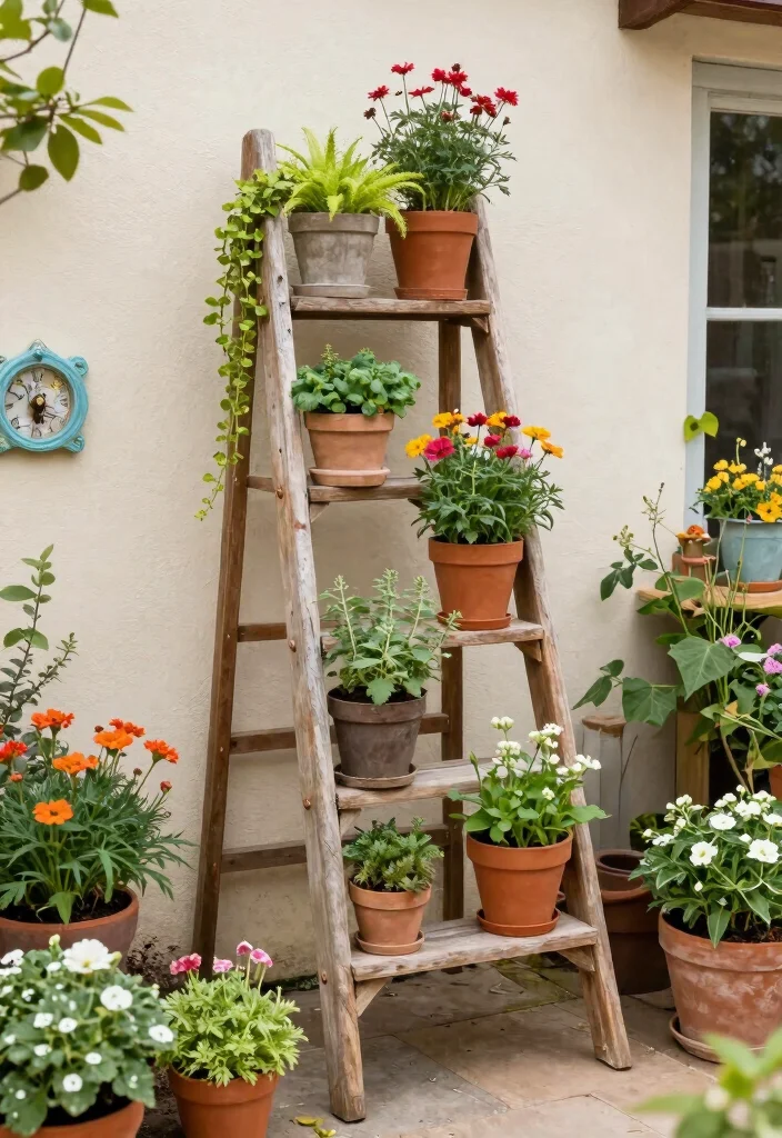 16 Outdoor Plant Stand Ideas That Elevate Your Garden - 3. Repurposed Ladder Stand 1