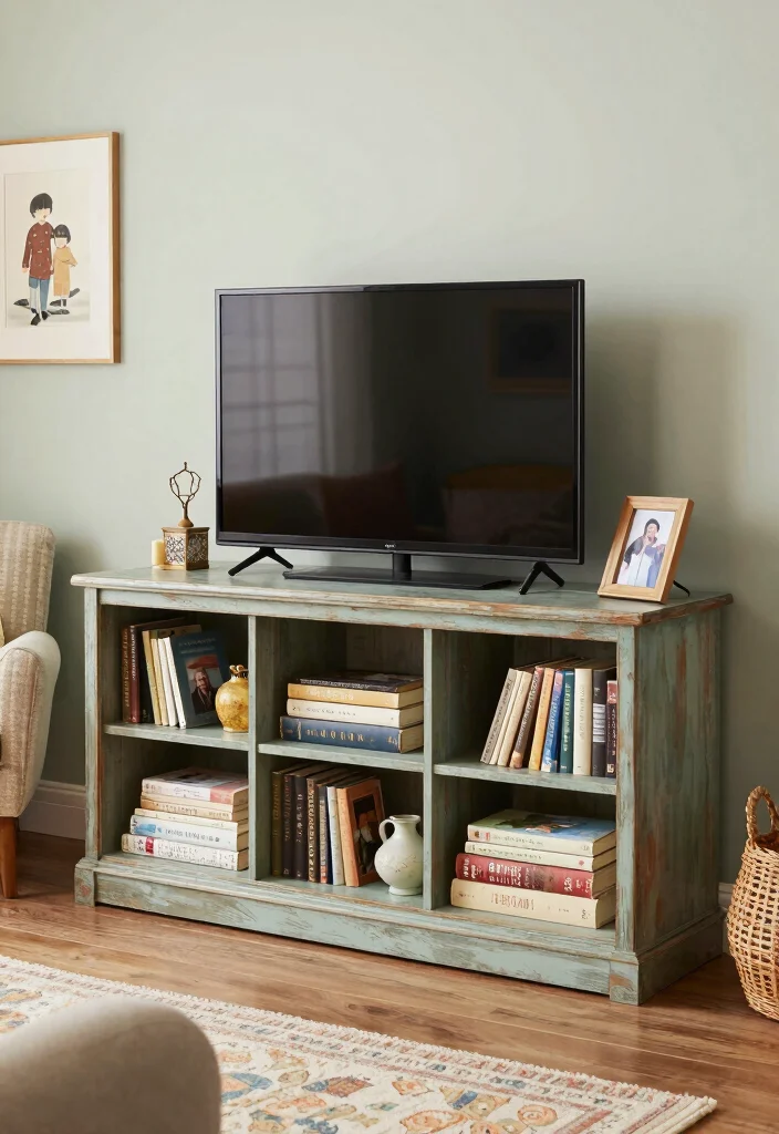 16 TV Stand Bookshelf Ideas That Save Space Stylishly - 10. Vintage Repurposed Bookshelf TV Stand 1