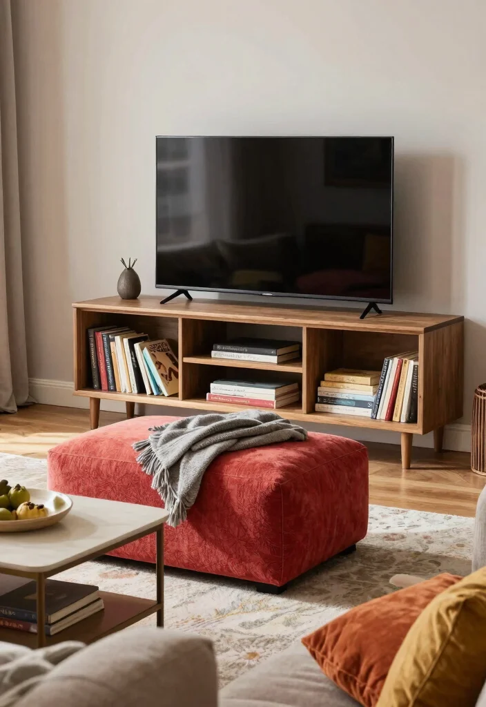 16 TV Stand Bookshelf Ideas That Save Space Stylishly - 12. Chic Ottoman TV Stand Bookshelf 1