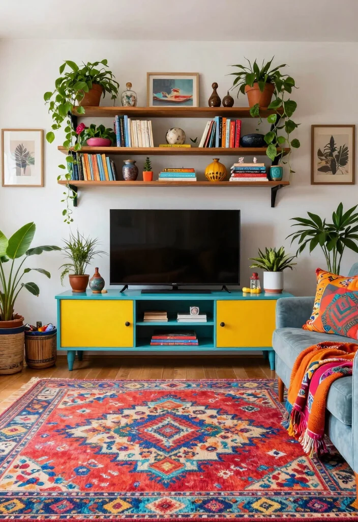 16 TV Stand Bookshelf Ideas That Save Space Stylishly - 13. Eclectic Bohemian TV Stand Bookshelf 1
