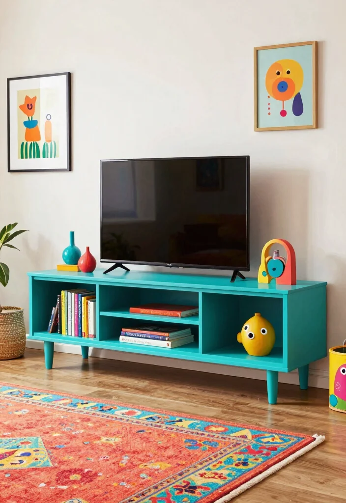 16 TV Stand Bookshelf Ideas That Save Space Stylishly - 15. Colorful Accent TV Stand Bookshelf 1